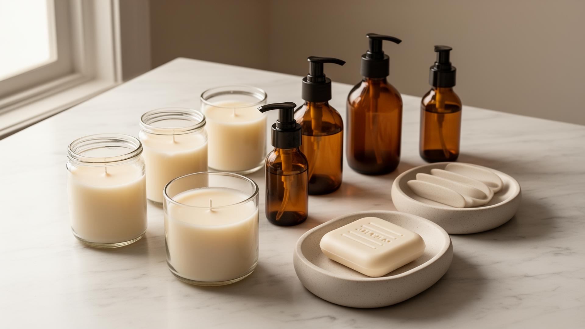 Hand-poured candles and amber toiletry bottles